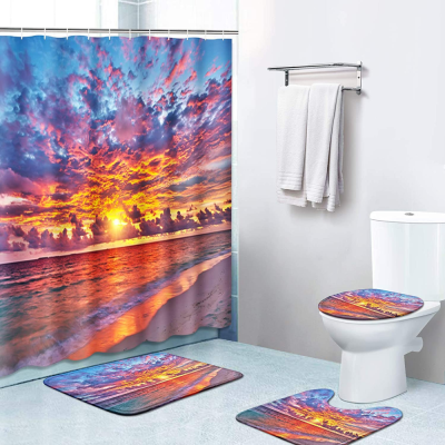 4-Piece Shower Curtain Set Beautiful Sunset Beach with Non-Slip Carpet Toilet Cover and Bathroom Mat, Durable and Waterproof