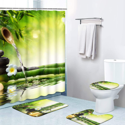 4-Piece Shower Curtain Set, Flowing Water Bamboo with Non-Slip Carpet, Toilet Lid and Bathroom Mat, Durable and Waterproof