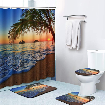 4-Piece Shower Curtain Set, Beach Sunset with Non-Slip Carpet, Toilet Cover and Bath Mat, Durable and Waterproof