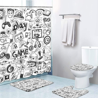 4-Piece Shower Curtain Set, Computer Boy Game with Non-Slip Carpet, Toilet Cover and Bath Mat, Durable and Waterproof