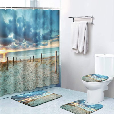 4-Piece Shower Curtain Set Beach Landscape Sunset with Non-Slip Carpet, Toilet Cover and Bath Mat, Durable and Waterproof