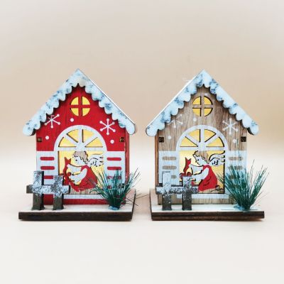 Cross-Border Hot Selling Wooden Craftwork LED Lighting Angel Small House Luminous Wooden House Decoration Christmas Decorations