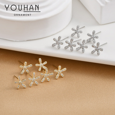 Sterling Silver Needle TikTok Same Style Super Flash Zircon Ear Studs Simple and Stylish Earrings Petals One Card Three Pairs Set Earrings