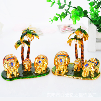 Cross-Border Export Coconut Elephant Ornaments Jewelry Box Enamel Inlaid Metal Jewelry Box Alloy Elephant Three-Piece Set
