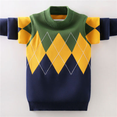 boys' sweater pullover autumn and winter new medium and large children's knitted bottoming shirt fleece-lined thickened children's boys korean style cotton knitwear