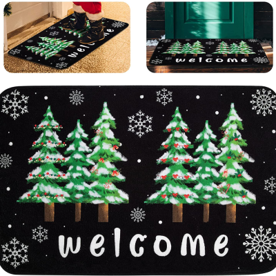 Christmas Decoration Bathroom Mat Black Christmas Welcome Non-Slip Winter Doormat Carpet Rubber Back Christmas Tree Printing