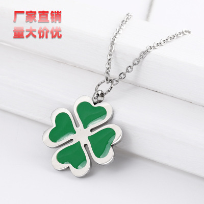 Mori Style Fresh Green Clover Necklace Color Matching Stainless Steel Clover Necklace Men and Women Couple Necklace