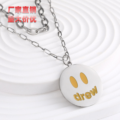 Childlike Cute Smiling Face Drew Necklace Stainless Steel Yellow Smiley Necklace Double-Layer Pendant Necklace Factory in Stock