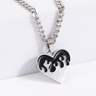 Love Flame Pendant Stainless Steel Necklace Black Dripping Oil Flame Pattern Love Heart-Shaped Titanium Ornament Wholesale