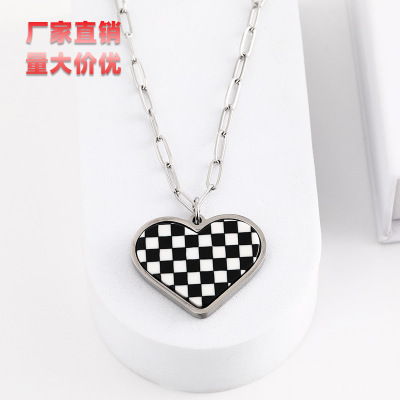 2022 Spring New Stainless Steel Love Plaid Necklace Black-White Checkerboard Plaid Clavicle Chain Necklace Ornament