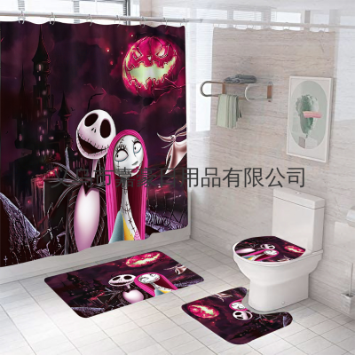 Amazon Halloween Day Hot Sale Shower Curtain Bathroom Four-Piece Foot Mat Toilet Mat Set