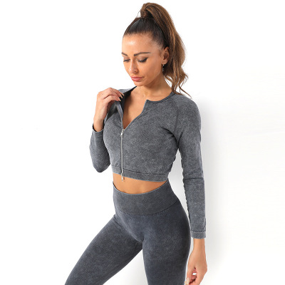 European and American Lululemon Yoga Clothes Frosted Zipper Workout Top Long Sleeve Women's Tight Sexy Slimming Sportswear
