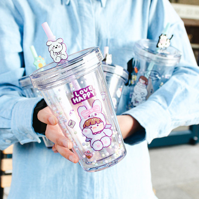 New Creative Rainbow Pop Cup with Straw Dinosaur Little Bear Cartoon Cup Ins Girl Heart Student Good-looking Water Cup