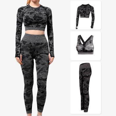 European and American Camouflage Shark Pants High Elasticity Slim Fit and Quick-Drying Sports Underwear Breast Pad Workout Top Yoga Clothes Three-Piece Suit