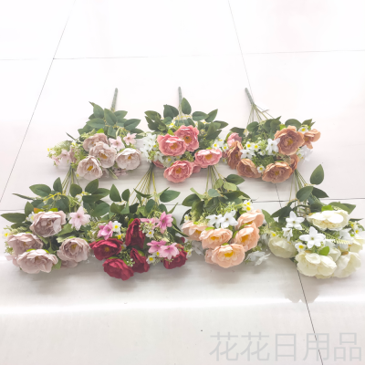 New Artificial Flower Single Branch Flower Eleven Head Tea Rose Fake Flower Vase Decoration Living Room Dining Room