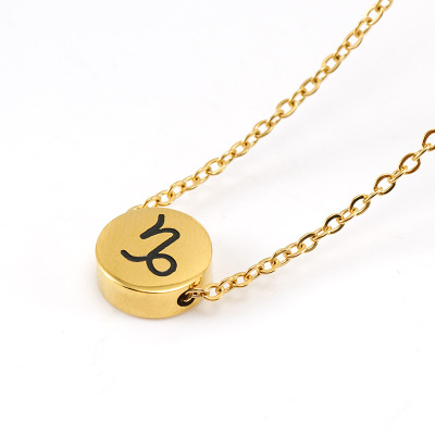 European and American Simple Titanium Steel round Constellation Symbol Pendant Necklace Gold Stainless Steel 12 Constellation Ins Style Necklace for Women