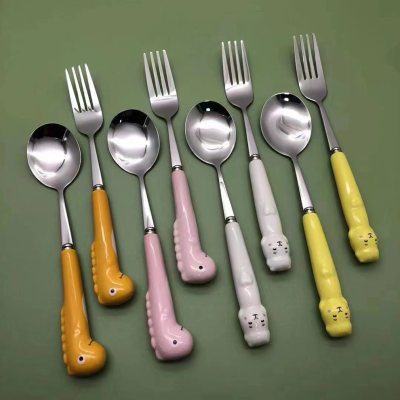 Creative Cartoon Children Fork and Spoon Spoon Stainless Steel Ceramic Spoon Fork Baby Food Supplement Long Handle Spoon Spoon Fork Various Styles