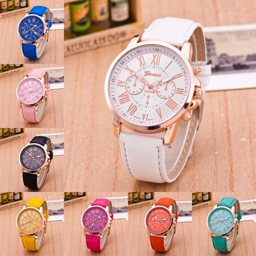 geneva three-eye double-layer literal roman digital belt watch plastic box one-piece delivery