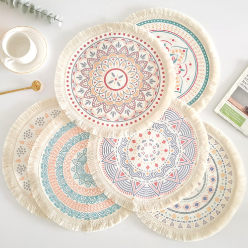 bohemian style round placemat cotton braided placemat fabric craft printing tassel placemat home decoration heat proof mat