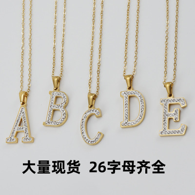Cross-Border Stainless Steel Diamond Letters Necklace Female 18K Jinmei Fashion Ol English First 26 Letters Pendant Ornaments Female