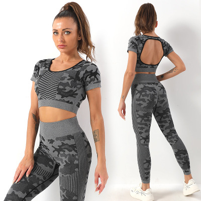 Spot Cross-Border Yoga Suit Women's Seamless Backless Sexy Short Sleeve Waist Slimming and Hip Lifting Fitness Trousers Yoga Suit Women