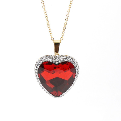 New Fashion Heart of Ocean Necklace and Earring Suit 18K Stainless Steel Ruby Pendant Diamond Stud Earrings Set