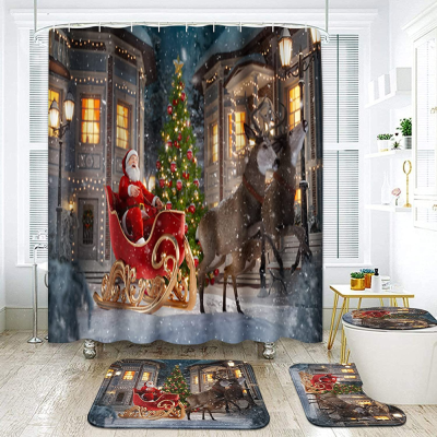 4-Piece Shower Curtain Set Happy Santa Claus Christmas Sled Non-Slip Carpet Toilet Cover and Bathroom Mat Bathroom