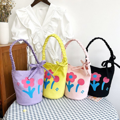 Cross-Border 2022 New Student Canvas Handbag Bucket Bag Korean Style Cute Lunch Box Lunch Bag Handbag Customization