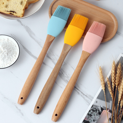 Summer New Wooden Handle Silicone Brush Temperature-Resistant Barbecue Broom Removable Kitchen Pancake Silicone Brush Baking Tool