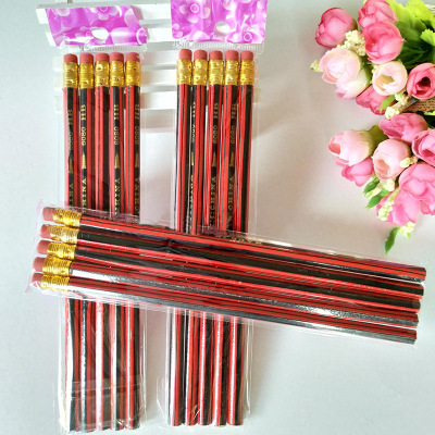 A Pack of 5 Red Pencil Set with Eraser Red Strip Pencil HB Student Pencil Yuan Shop Wholesale