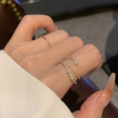 Pearl Ring Female Fashion Personality Ins Special-Interest Design Light Luxury and Simplicity Exquisite Two-Piece Ring Open Temperament