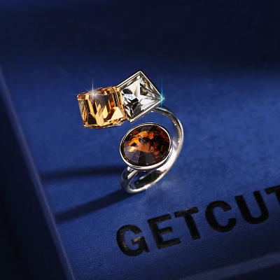 Korean Style Bracelet Light Luxury Minority Design Index Finger Ring Fashion Coffee Gold Cubic Crystal Adjustable Opening Ring