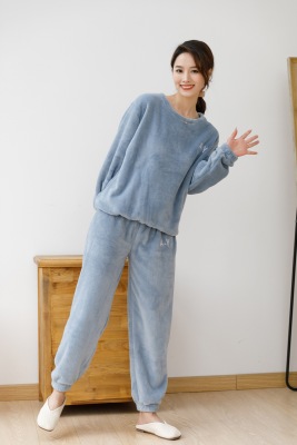 650G Large Size Fairy Warm Blouse and Pants 2021 round Neck Pullover Coral Velvet Pajamas Female Autumn and Winter Homewear