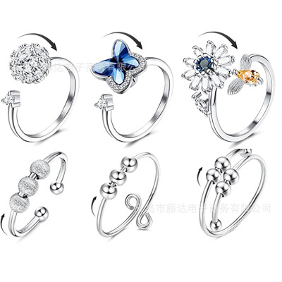 Europe and America Creative 6-Piece Set Men's and Women's Spinning Ring Adjustable Zirconia Flower Bee Women's Ring Factory Direct Supply