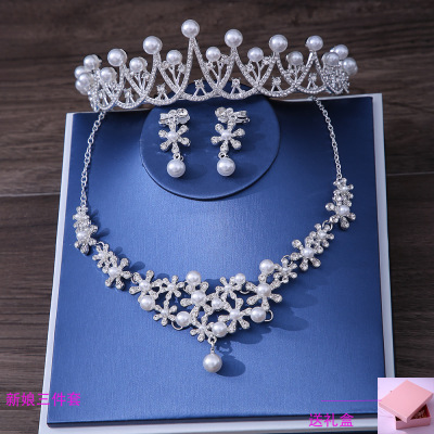 Bridal Necklace Three-Piece Earrings Set Pearl Headdress Crown Wedding Dress Cross-Border Hot Ornament Wholesale