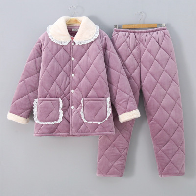 Pajamas Women's Winter Three-Layer Padded Quilted Pajamas Women's Coral Fleece Flannel Autumn and Winter Warm Outerwear Homewear