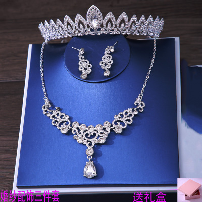 Xy013 Bride Headdress Crown Three-Piece Wedding Necklace Earrings Jewelry Suit European and American New Wedding Accessories