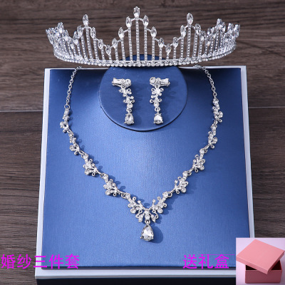 Xy012 Bride Headdress Crown Three-Piece Wedding Necklace Earrings Jewelry Suit European and American New Wedding Accessories