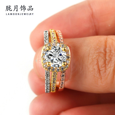 European and American Popular Women's Engagement Ring Set Amazon Zircon Micro-Inlaid Gold-Plated Ring Cross-Border Hot Jewelry Wholesale