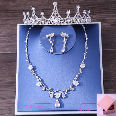 Bridal Headdress New Crown Necklace Earrings Zircon Three-Piece Set Wedding Hair Accessories Princess Birthday Crown Hair Accessories