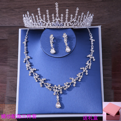 Xy015 Bride Headdress Crown Three-Piece Wedding Necklace Earrings Jewelry Suit European and American New Wedding Accessories