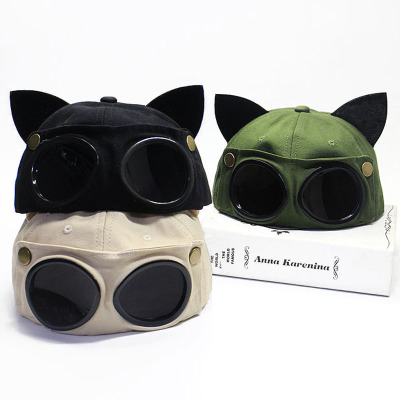 Cute Cat Ears Pilot Hat Glasses Baseball Cap Men's and Women's New Sunglasses Peaked Cap Korean Style All-Match