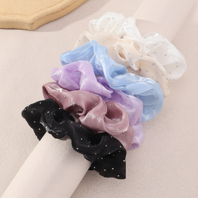Cross-Border French Retro Rhinestone Satin Large Intestine Hair Band Korean Pleated Solid Color Hair Rope Online Influencer Refined Rubber Band Hair Accessories