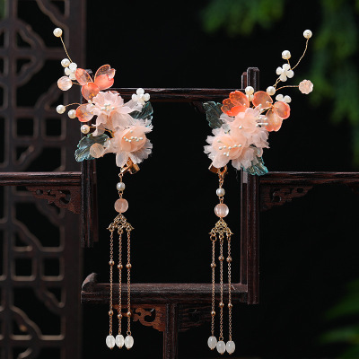 Creative Archaistic Women's Han Chinese Clothing Accessories Long Tassel Pearl Decorative Hair Clip Colored Glaze Blade Metal a Pair of Hairclips