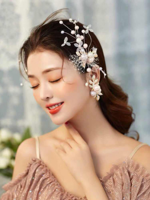 Fairy Sequin Twisted Pink Pearl Barrettes Ear Clip Fishnet Small White Flower Flower Branch Set a Pair of Hair Accessories
