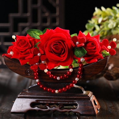 Fashion 3 Big Red Flannel Flanging Flower Beaded Pearl Decorative Women's Temperament Head Clip Antique Metal Barrettes