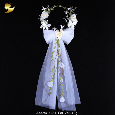 Bow Veil Artificial Wreath European and American Hand-Woven Bridal White Rose Wedding Dress Garland Headdress