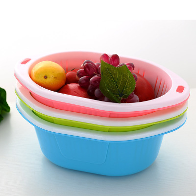 Factory Direct Sales Oval Double-Layer Fruit Basket Drain Basket Kitchen Storage Box Multifunctional Washing Vegetable Basket Gift Basket