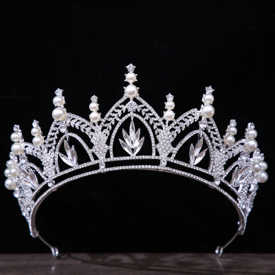 New European Style Palace Wedding Dress Luxury Bridal Crown Cross-Border Hot Sale Pearl Big Crown Gown Head Accessories