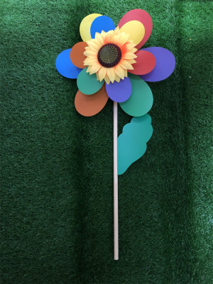Double-Layer Six-Color Green Leaf Windmill Pp Plastic round Leaf SUNFLOWER Park Activity Display Wooden Pole SUNFLOWER Windmill